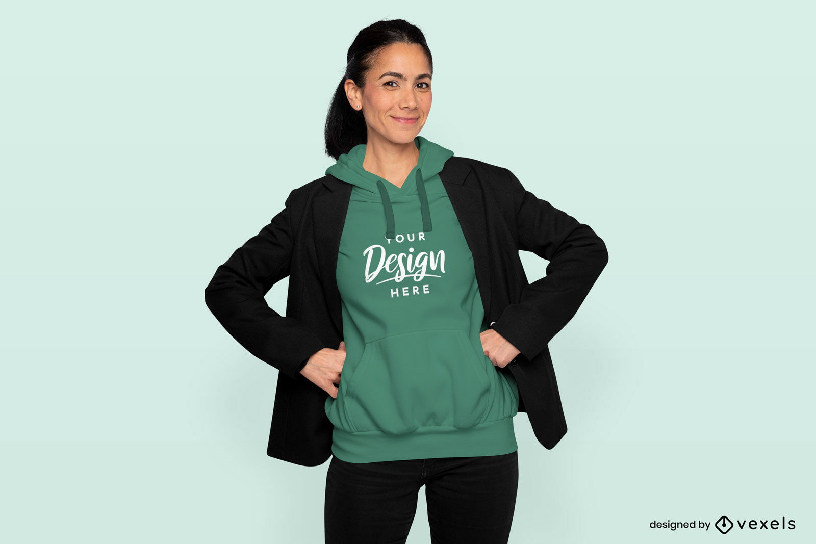 Woman with hoodie and blazer mockup