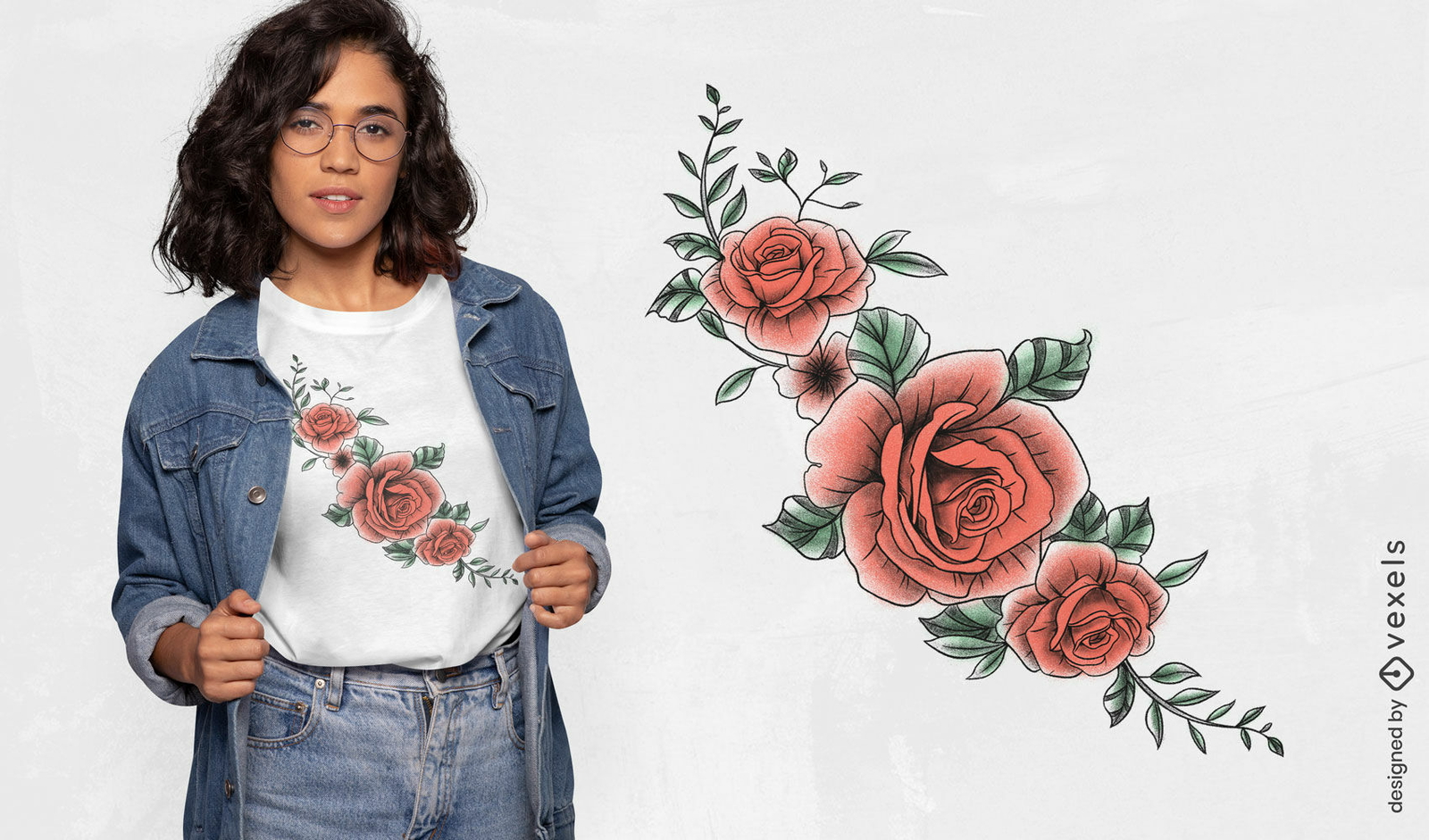 Cadena de rosas en diseño de camiseta de acuarela.