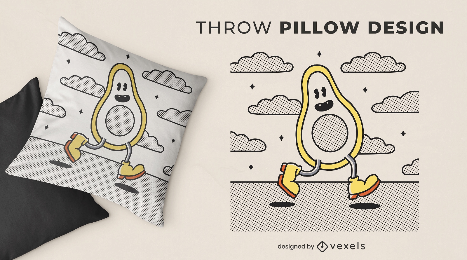 Retro cartoon avocado throw pillow design