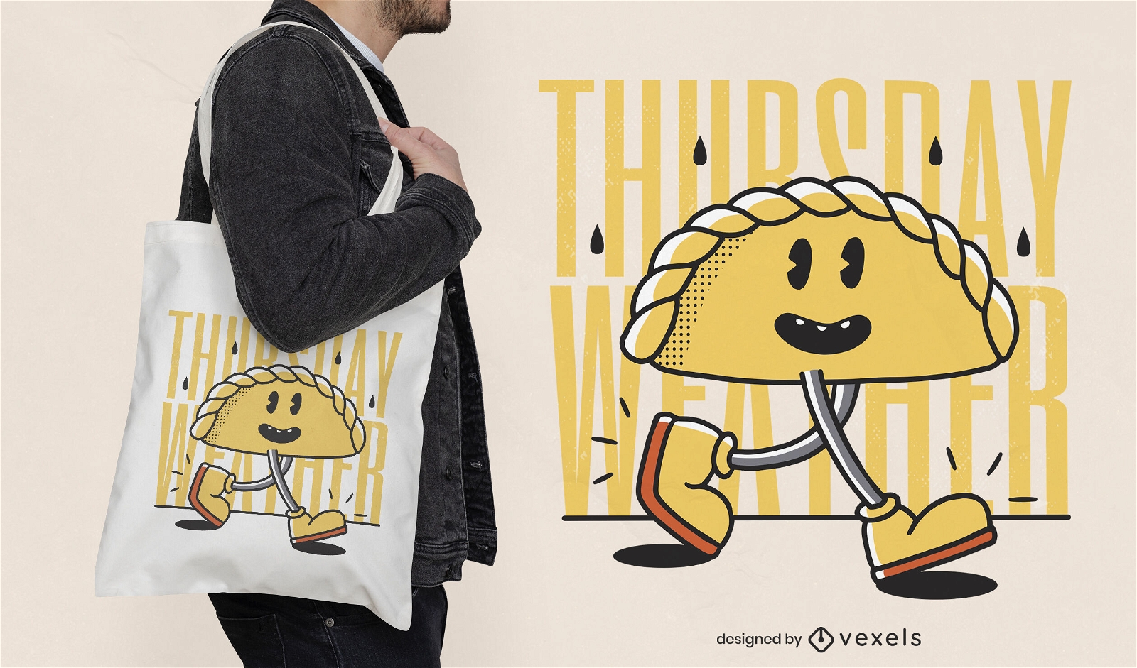 Desenho retrô de sacola de empanada andando de desenho animado
