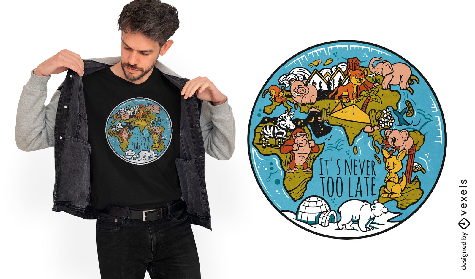 Diseño de camiseta de animales de cambio climático.