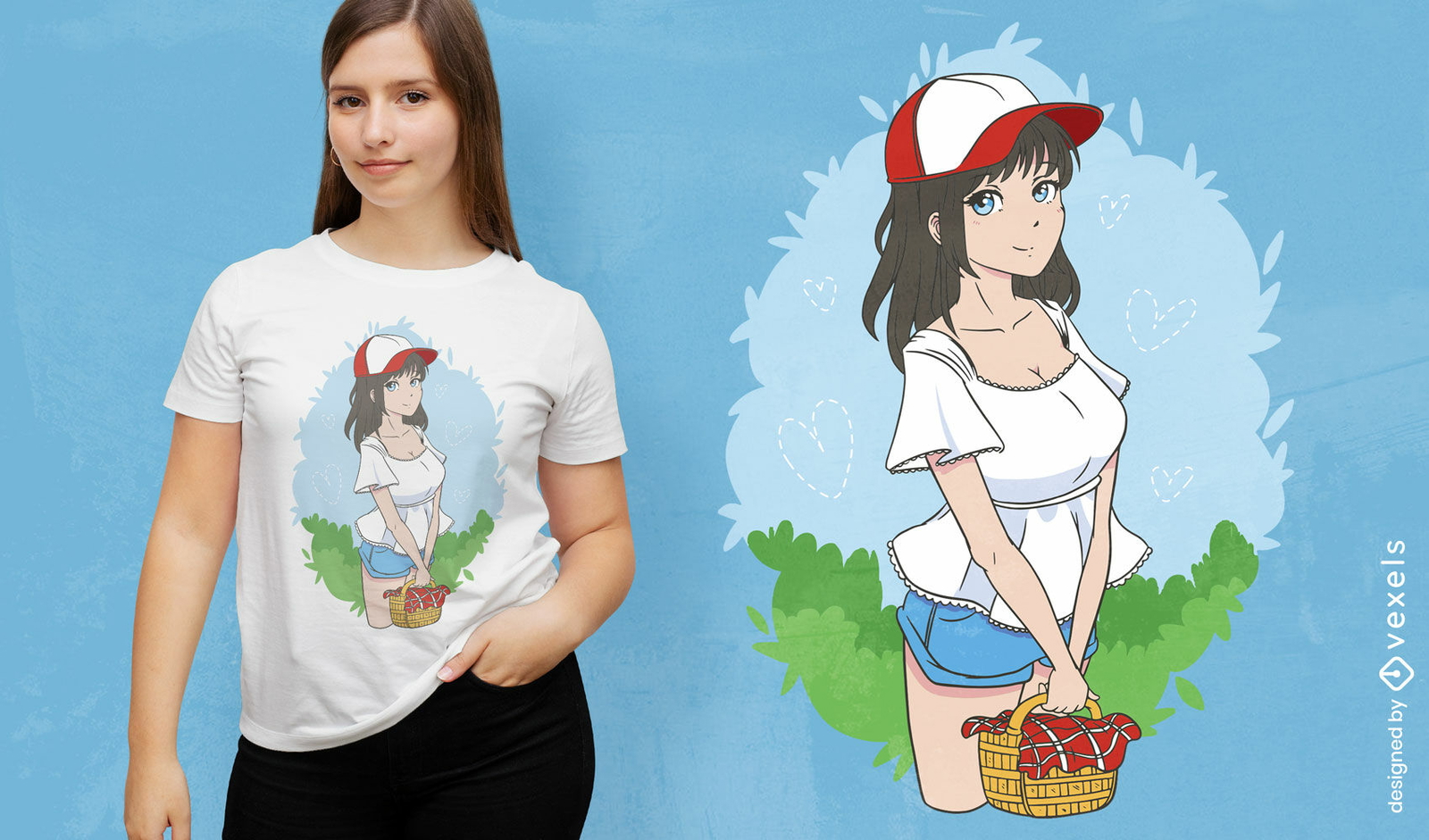 Diseño de camiseta de chica anime de picnic.