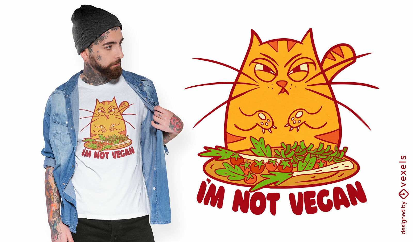 Angry cartoon cat with vegetables t-shirt design