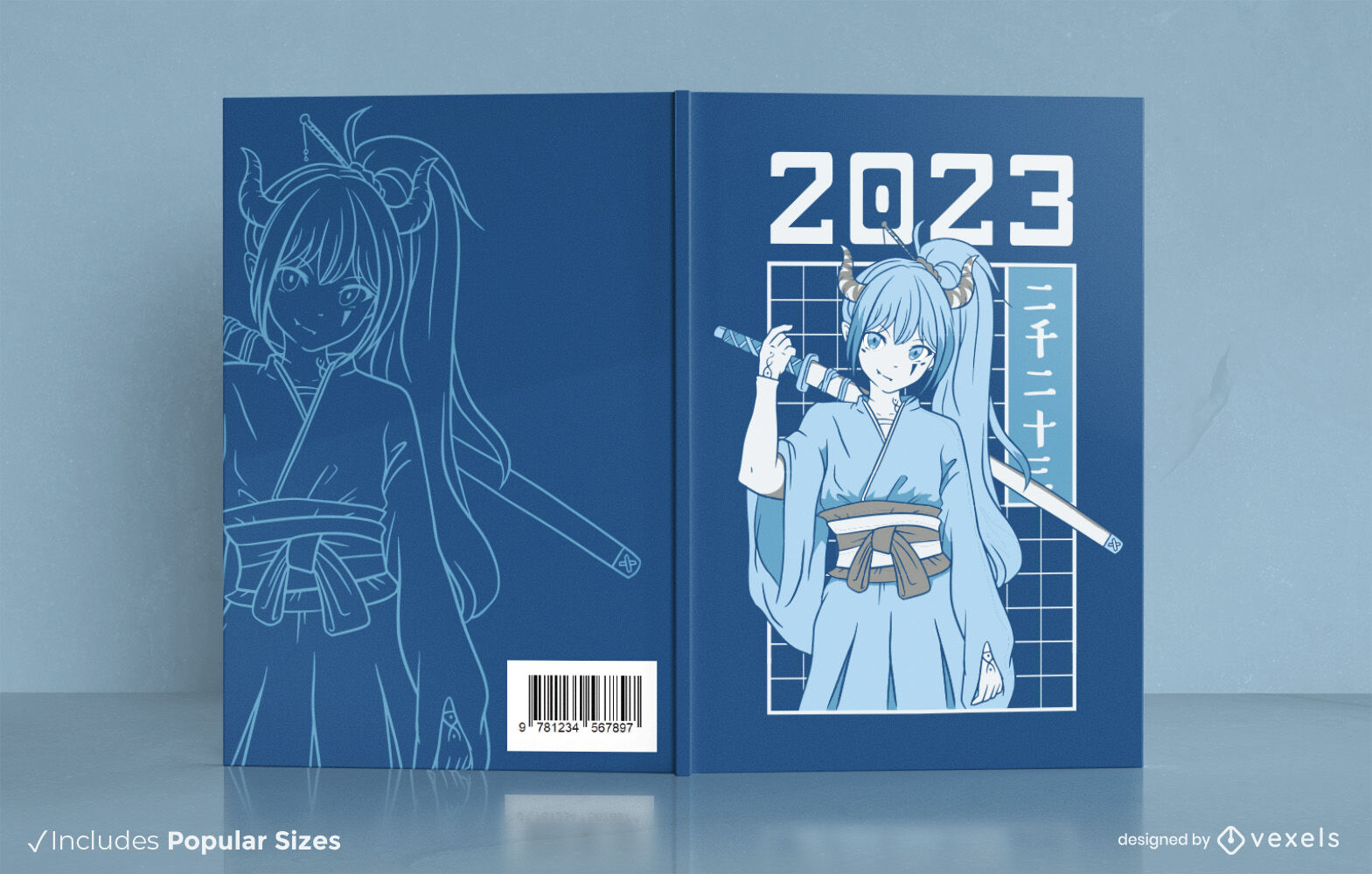 Diseño de portada de libro de anime samurai girl