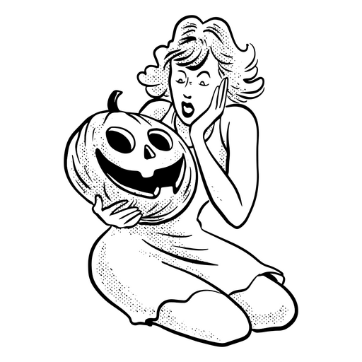 Mulher surpreendida segurando uma abóbora de halloween Desenho PNG