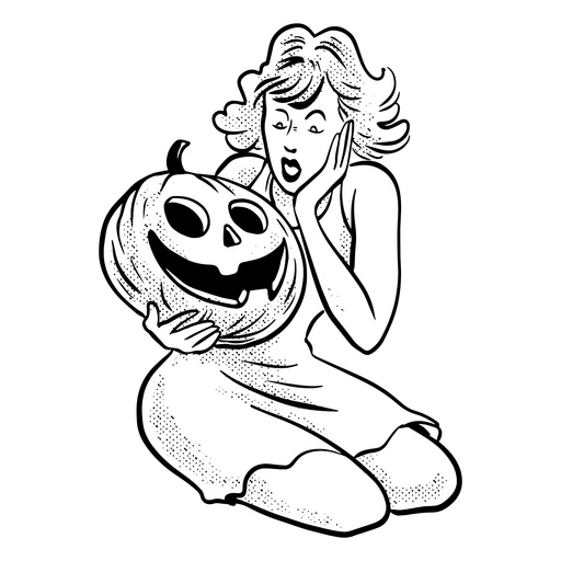 Woman surprised holding a halloween pumpkin PNG Design