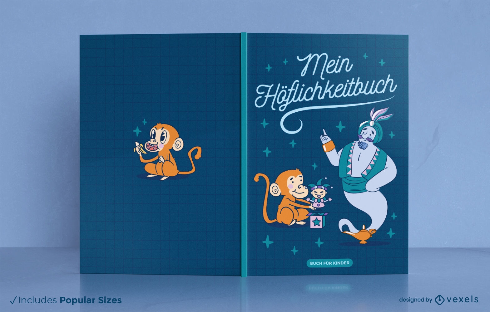 Genie and monkey cartoon book cover design