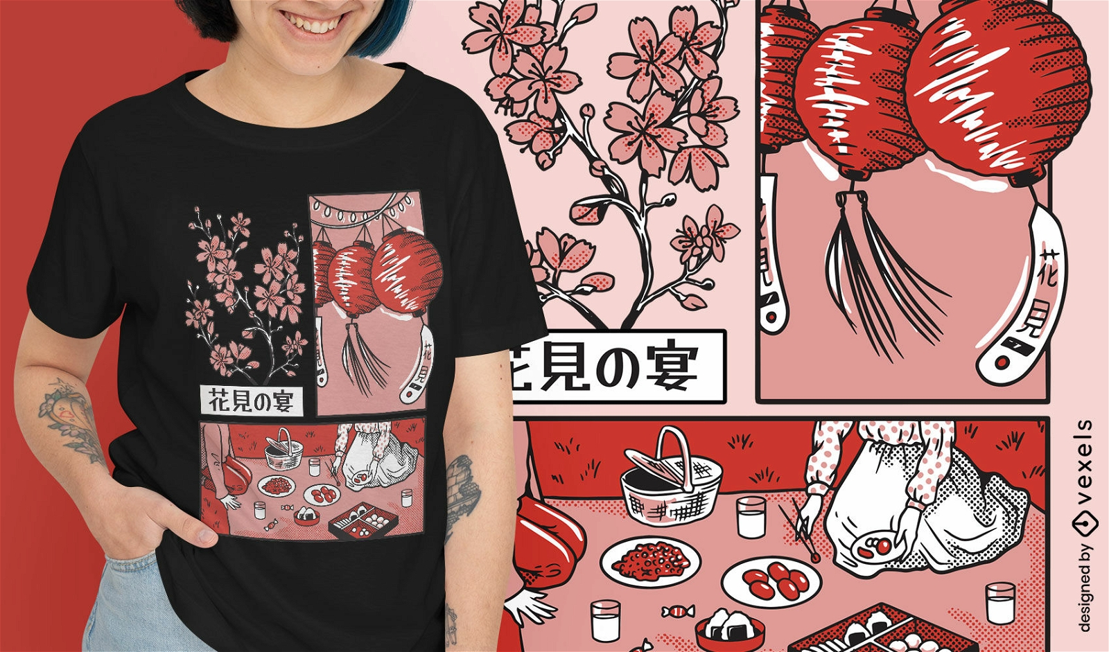 Diseño de camiseta de picnic de flor de cerezo japonés.