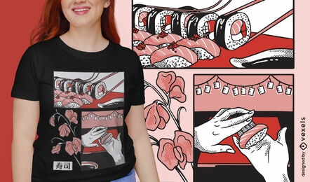 Diseño de camiseta de comida de sushi japonés.