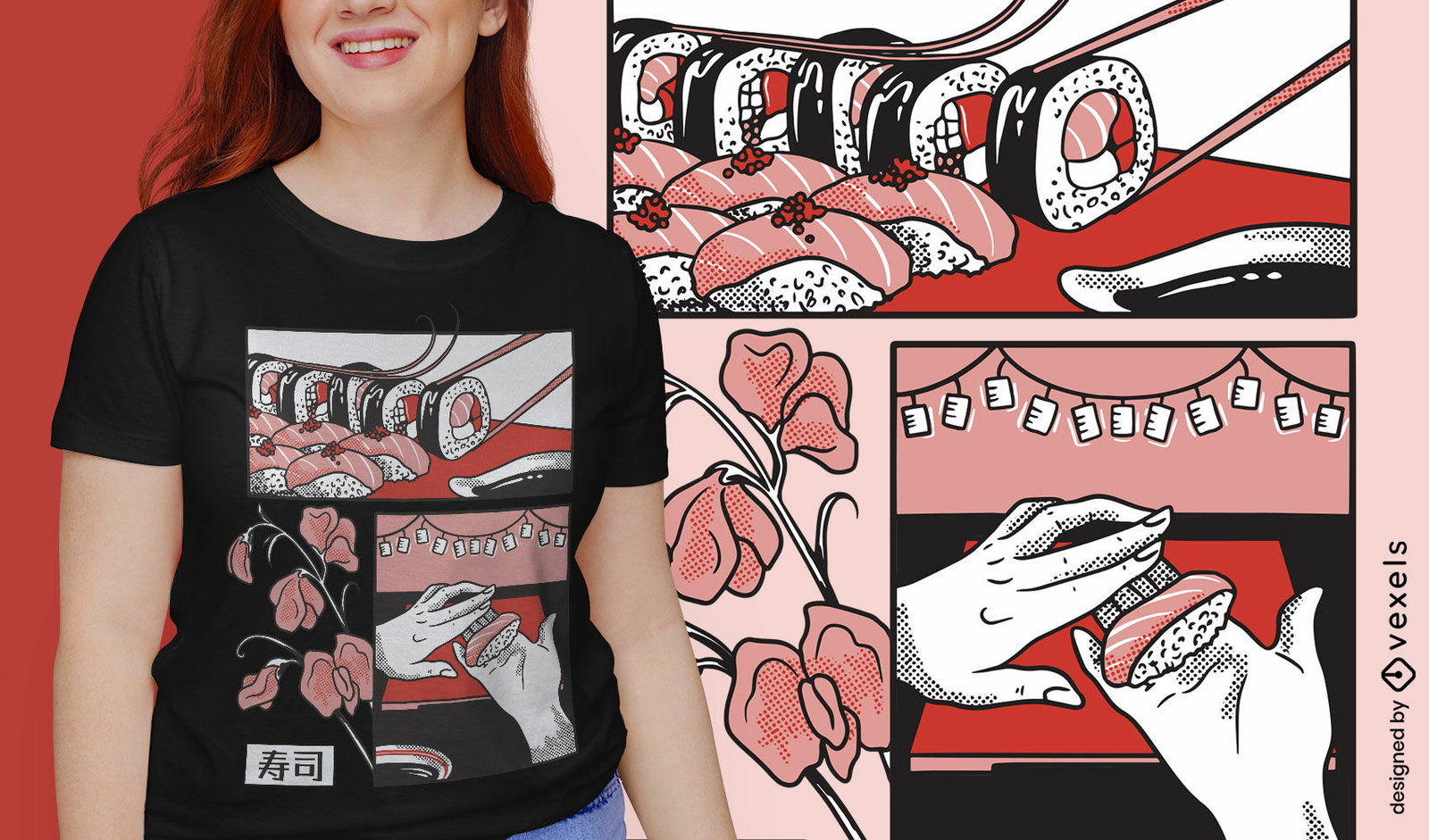 Diseño de camiseta de comida de sushi japonés.