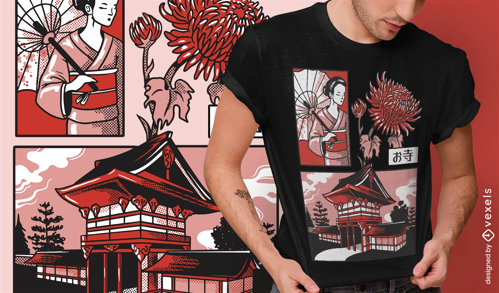Design de camiseta de gueixa do templo japonês