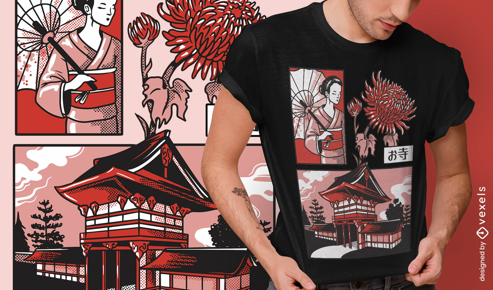 Diseño de camiseta de geisha del templo japonés.