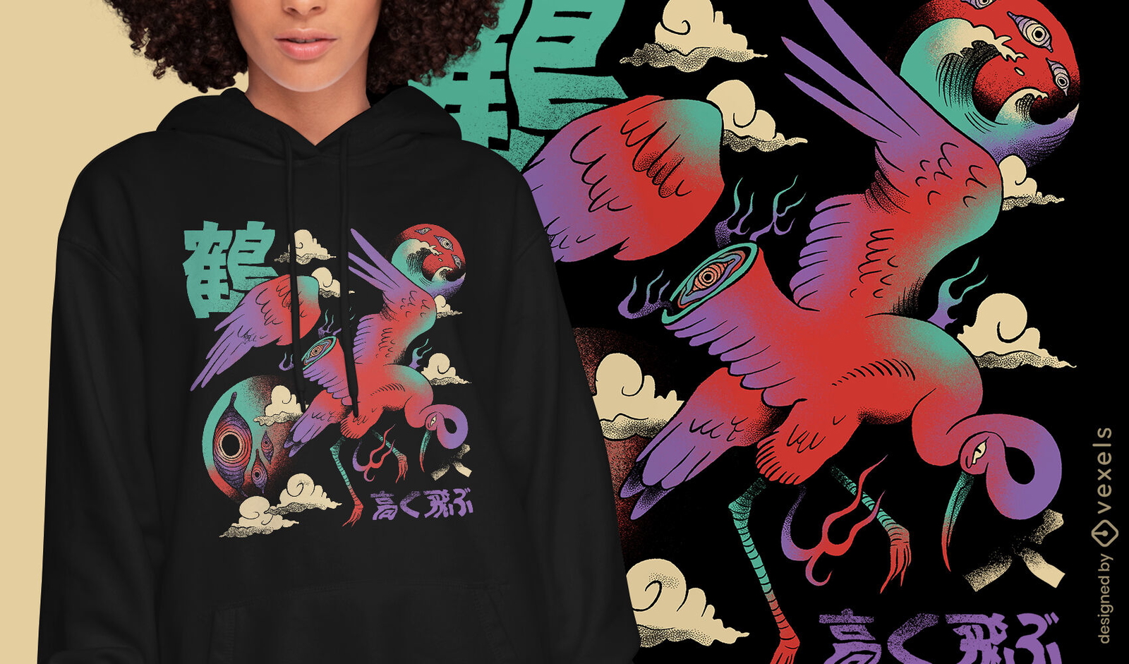 Pájaro en diseño de camiseta psicodélica japonesa.