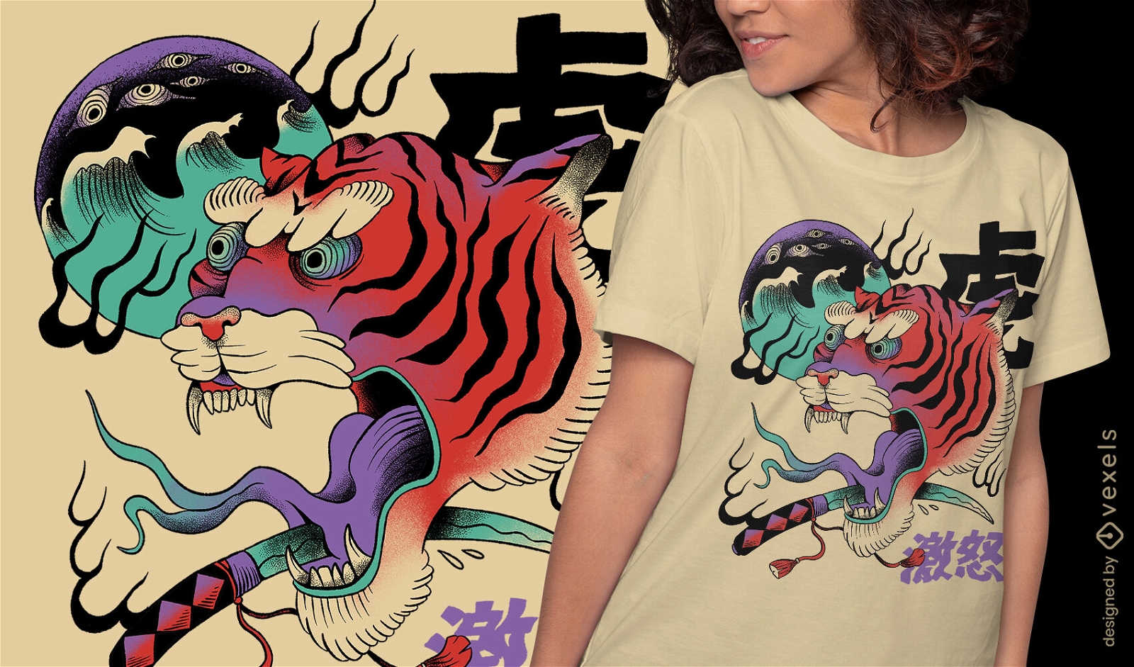 Tigre em design de camiseta psicodélica japonesa