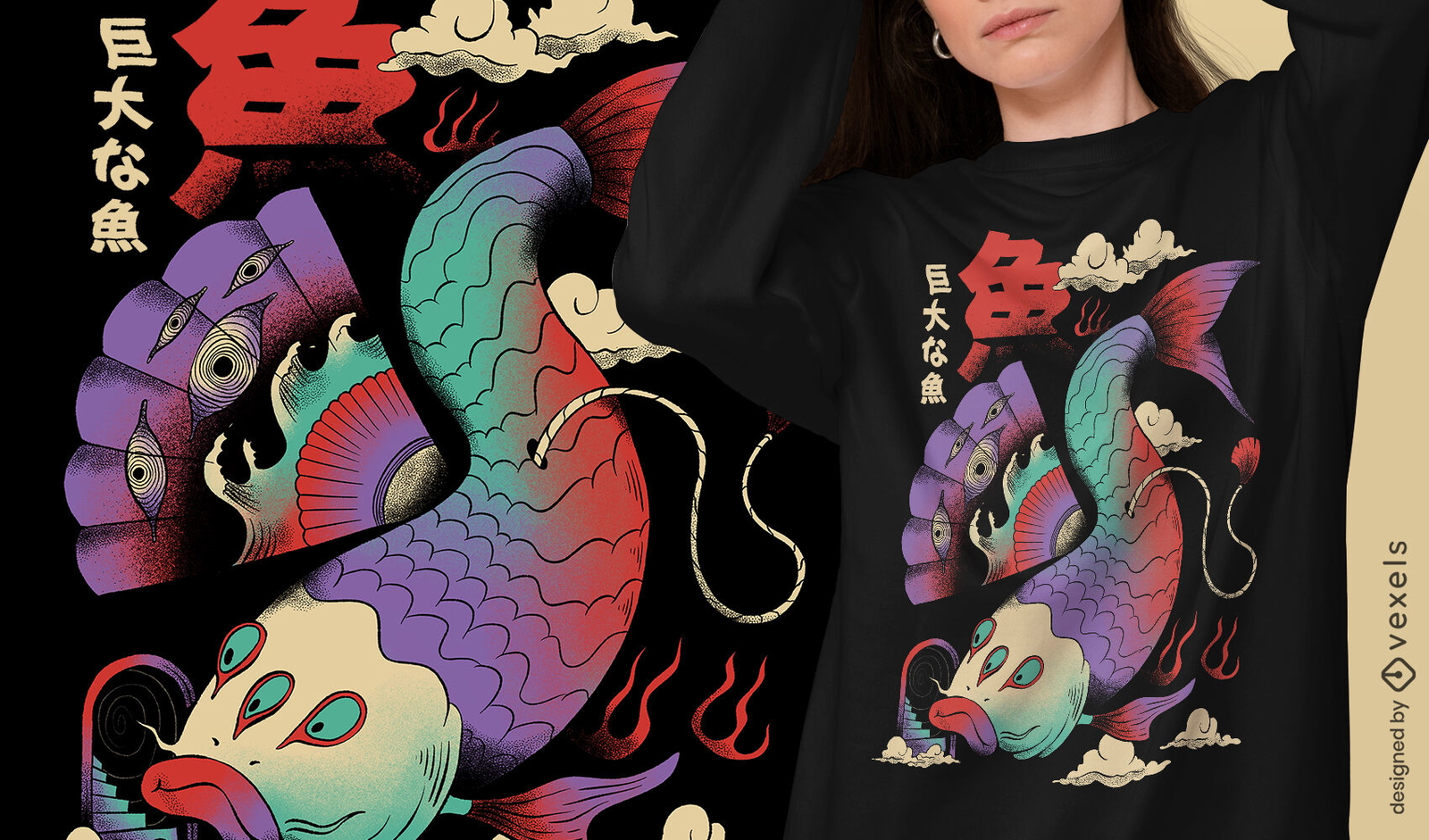 Peixe em design de camiseta psicodélica japonesa