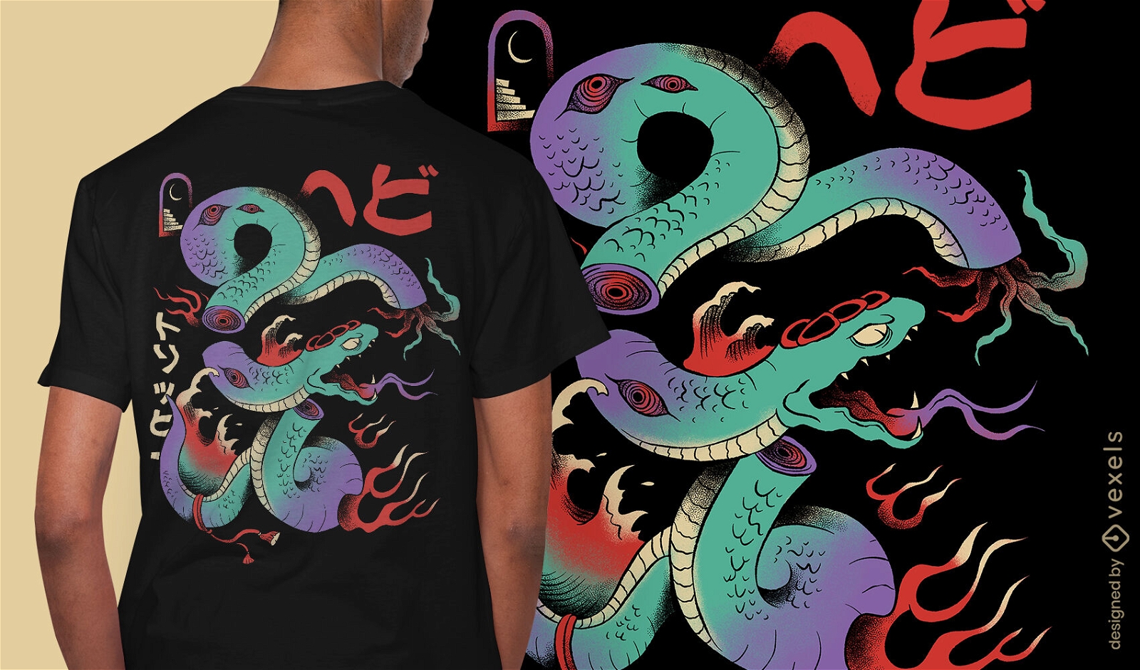 Cobra em design de camiseta psicodélica japonesa