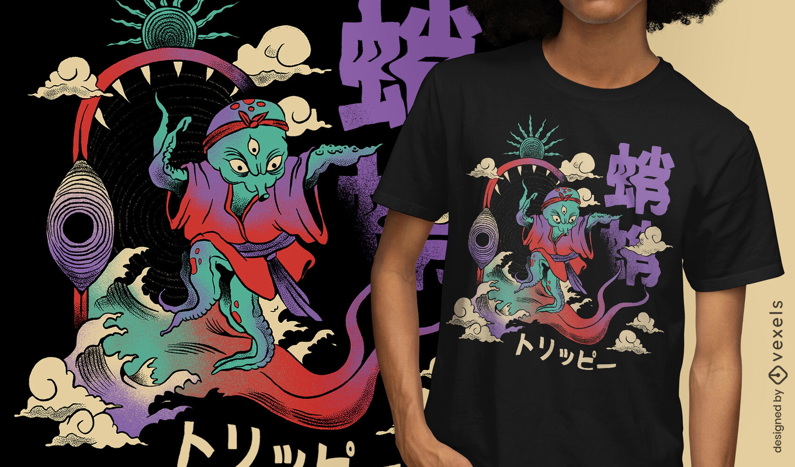 Pulpo en diseño de camiseta psicodélica japonesa.