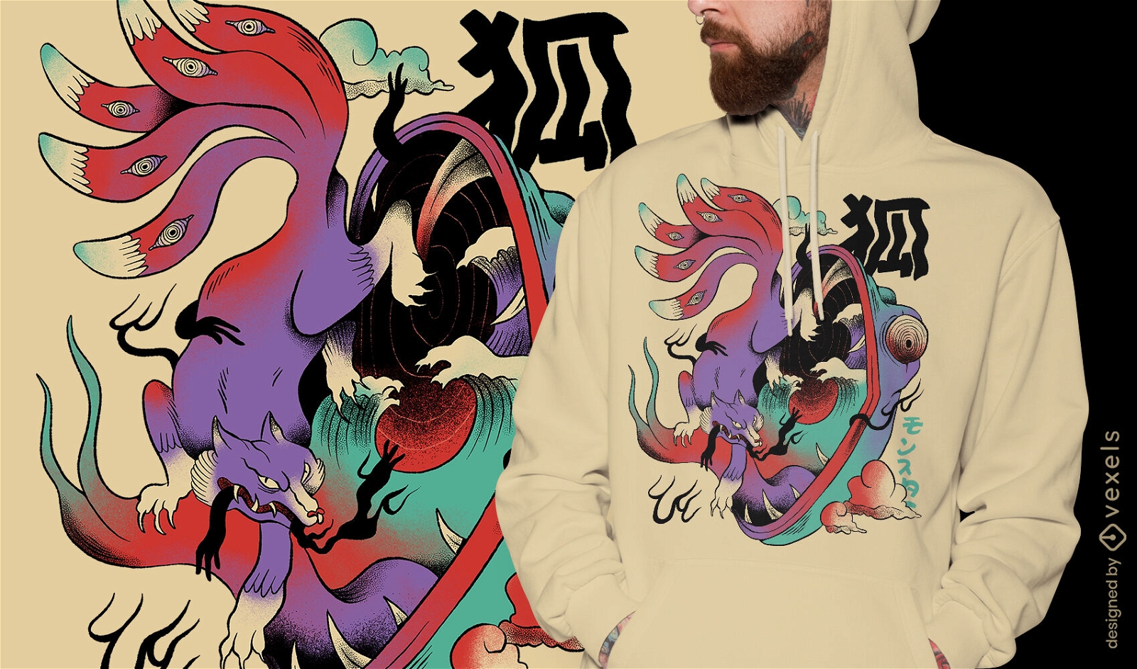 Fuchs im japanischen psychedelischen T-Shirt-Design
