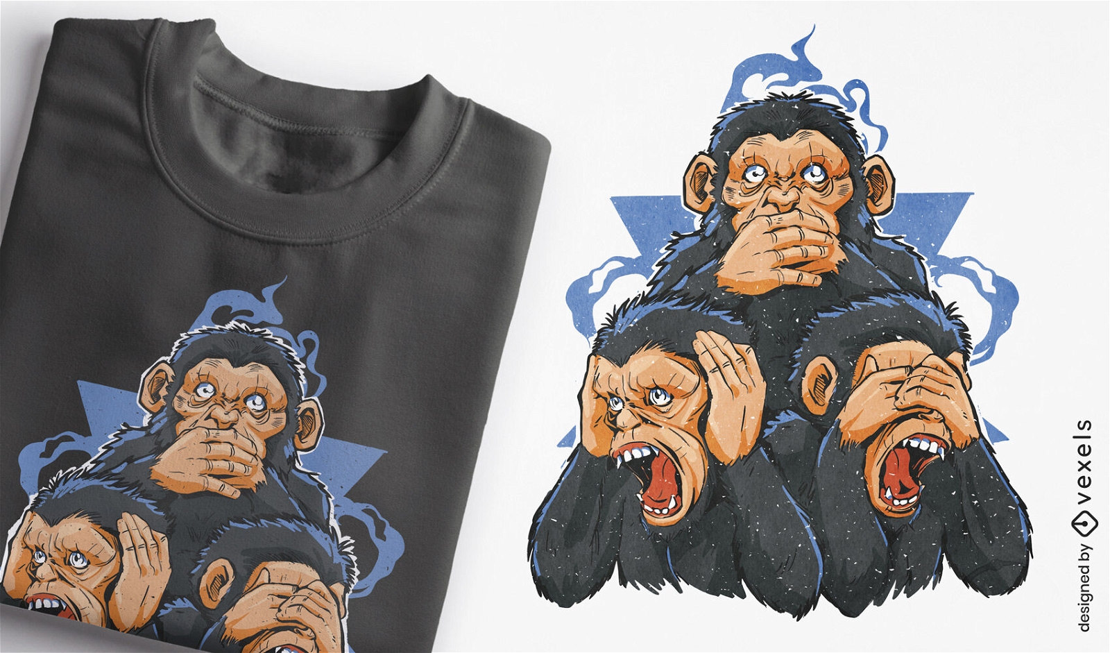 Diseño de camiseta con ilustración de tres monos.