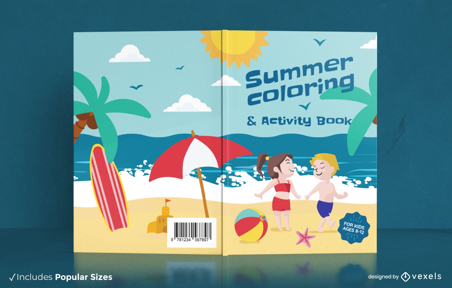 Design de capa de livro de colorir de praia de verão
