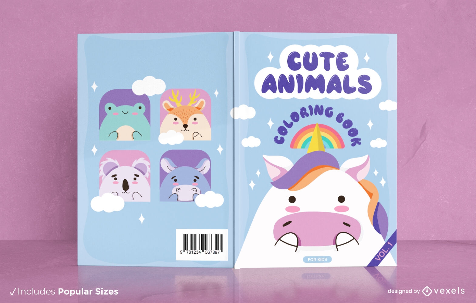 Cute cartoon animals coloring book cover design