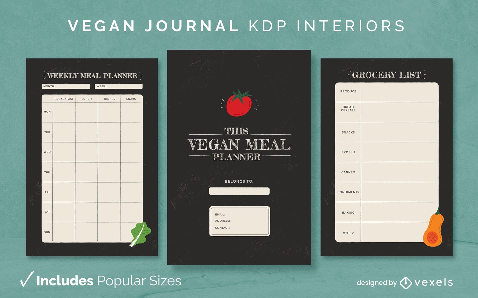 Plantilla de diseño de diario de planificador de comidas veganas KDP