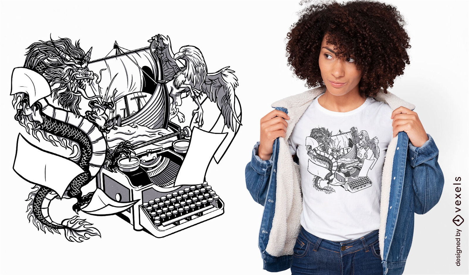 Fantasy dragon in typewriter t-shirt design