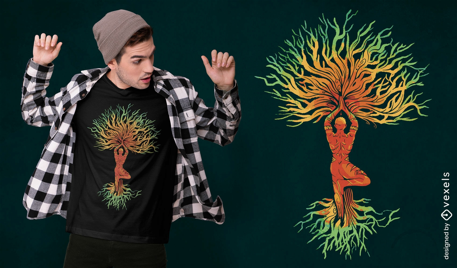 Homem fazendo ioga no design de t-shirt da natureza