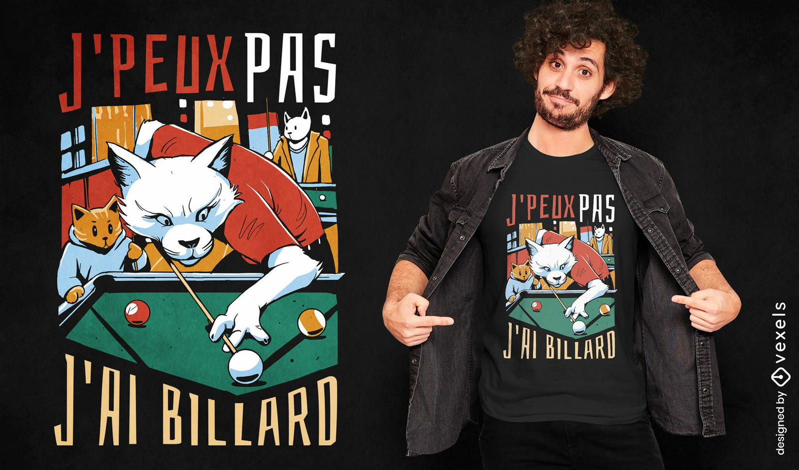 Diseño de camiseta de gatos jugando al billar.