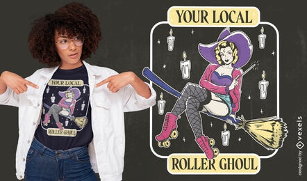 Witch in rollerblades on broom t-shirt design
