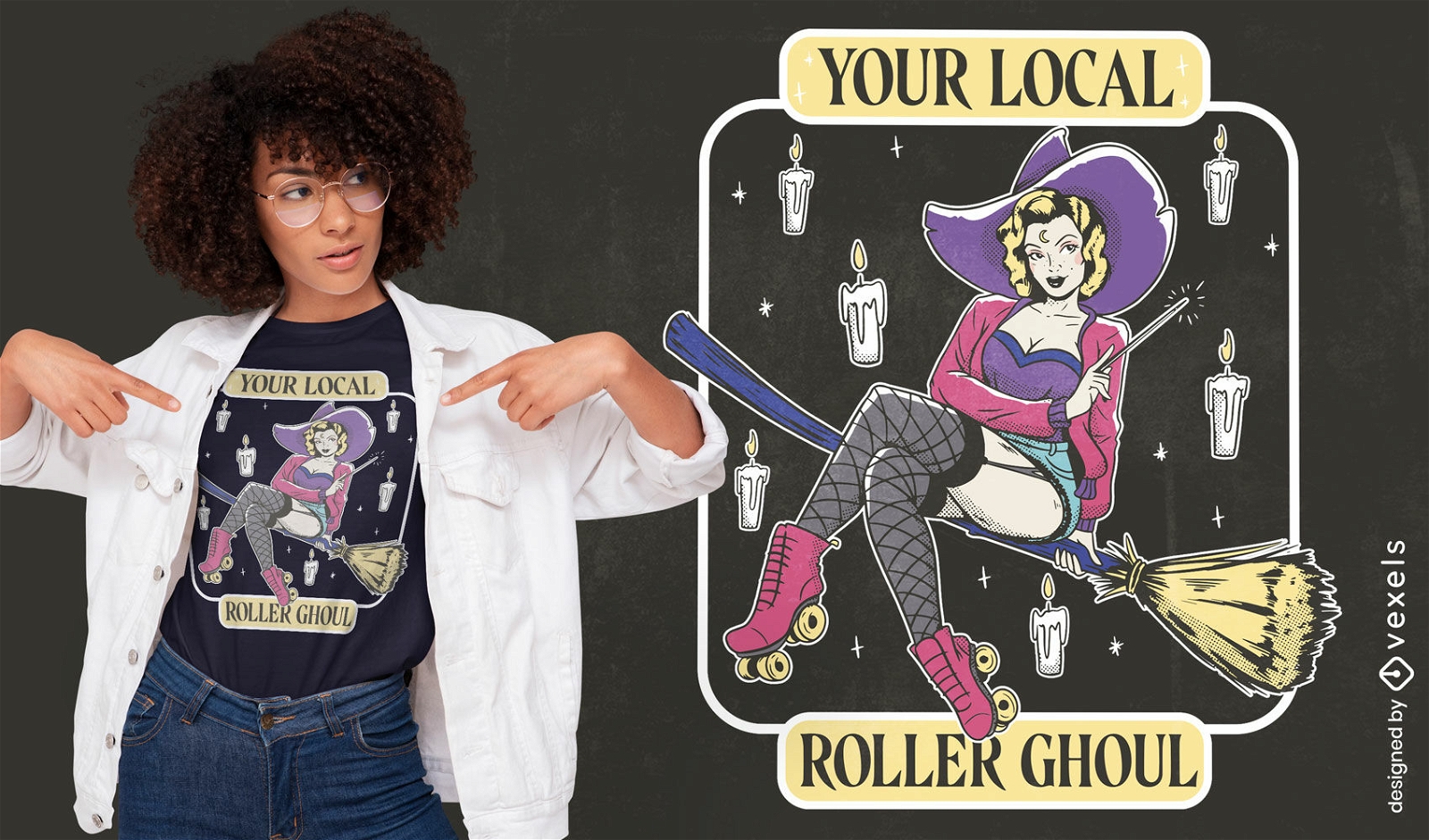 Witch in rollerblades on broom t-shirt design