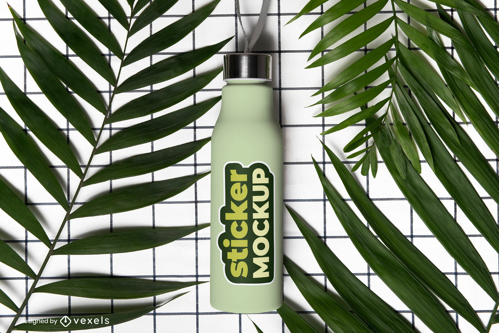 Water bottle and sticker with leaves mockup