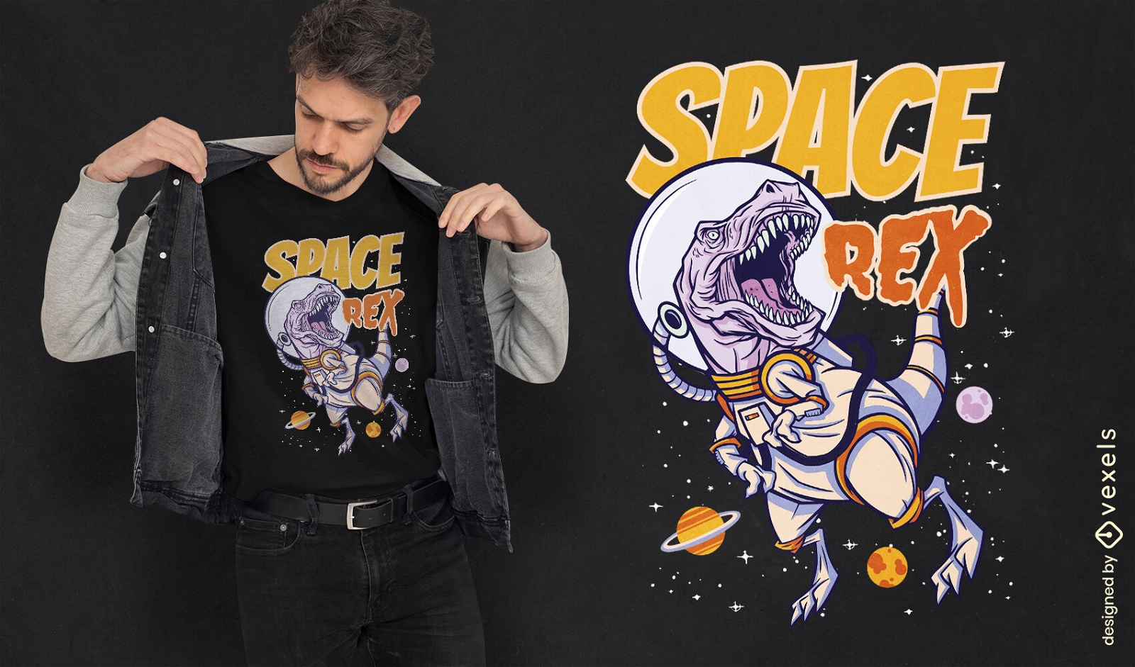 Design de camiseta espacial t-rex