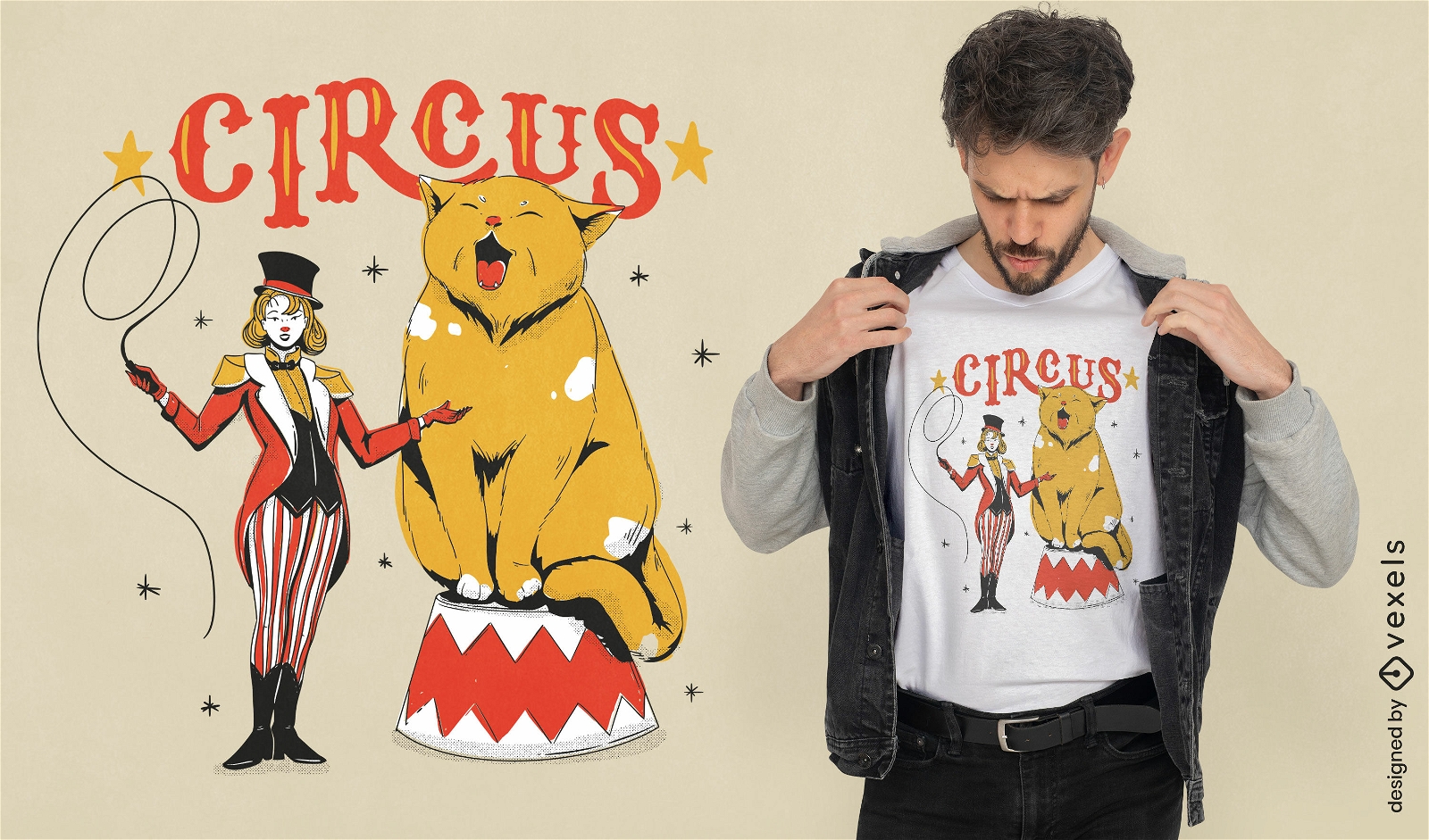 Animal gato gigante en diseño de camiseta de circo.