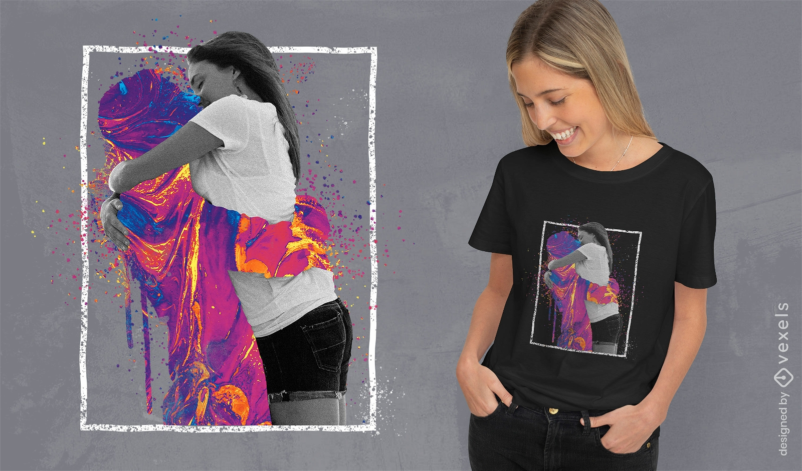 Küssendes Paar mit Farbe spritzt T-Shirt psd