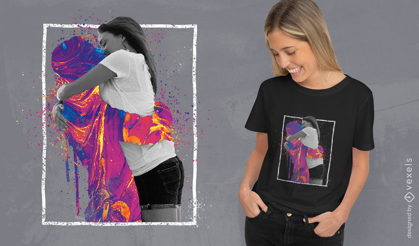 Pareja besándose con pintura salpica camiseta psd