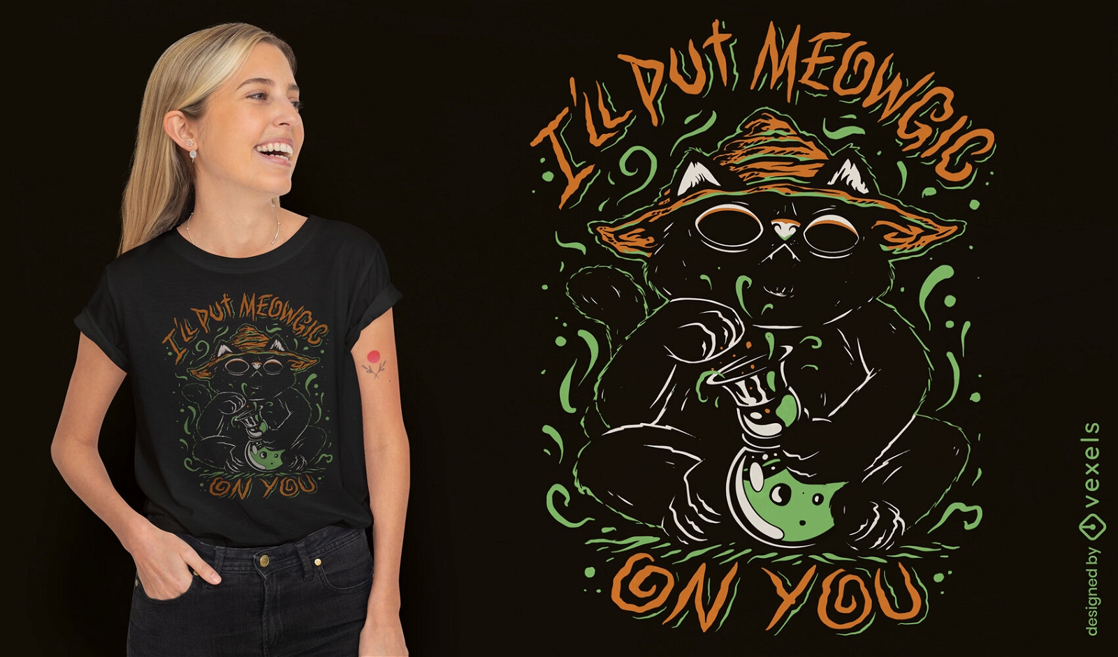Design de camiseta de Halloween de gato de bruxa