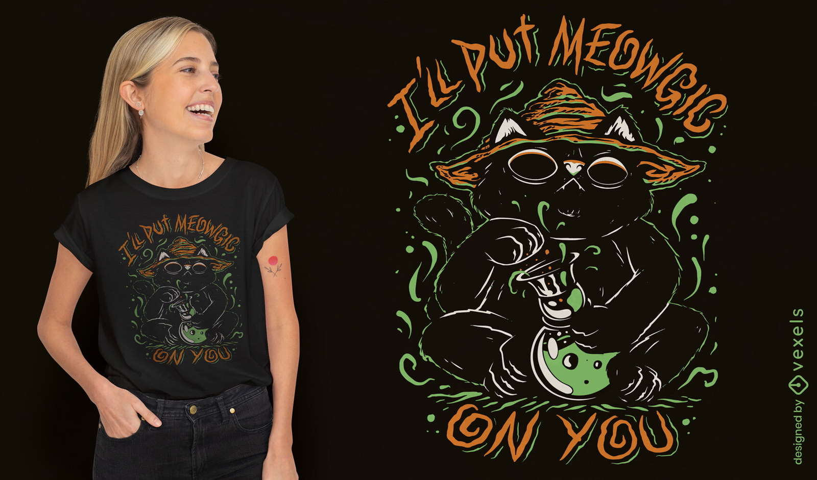 Diseño de camiseta de bruja gato Halloween