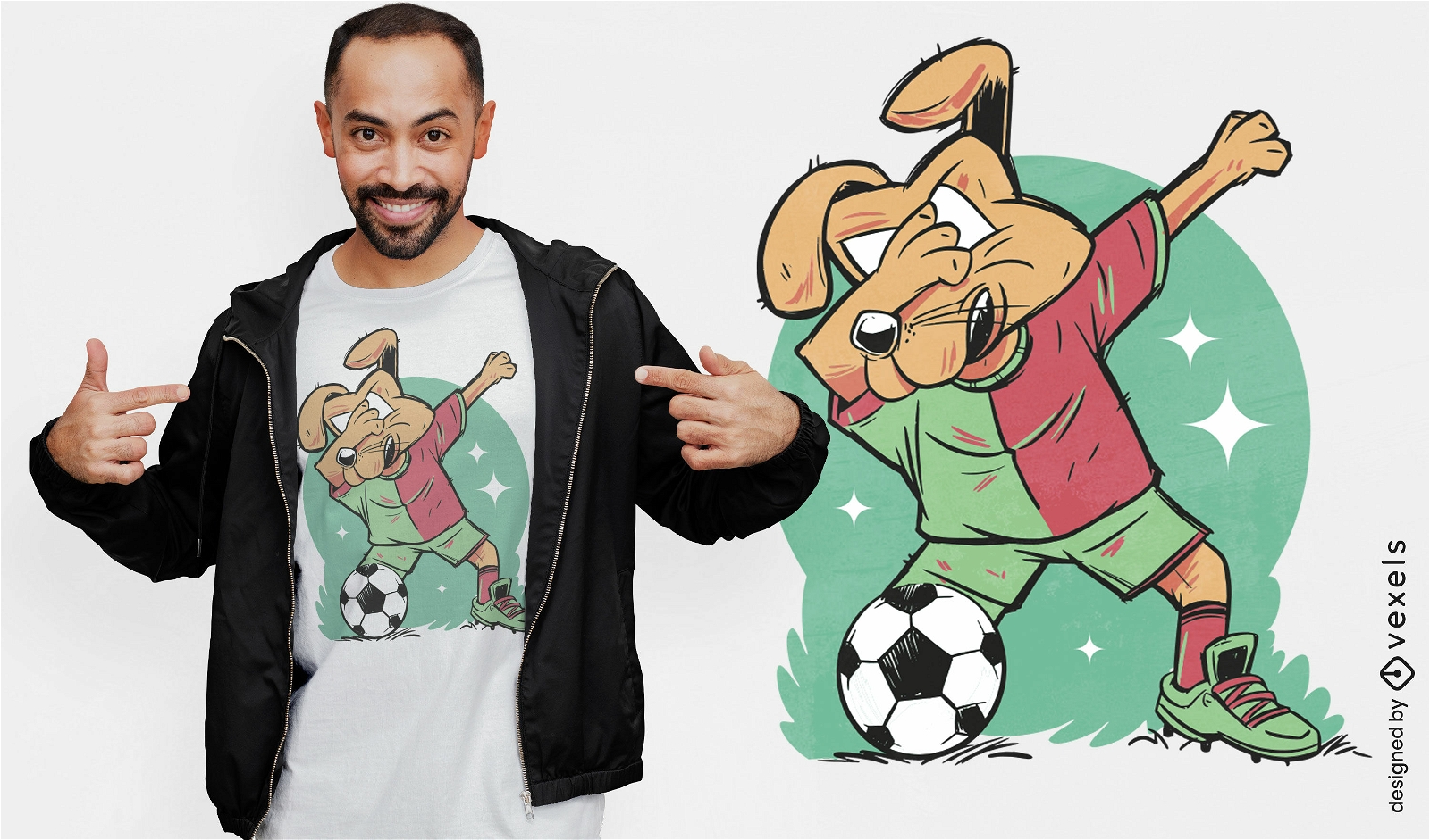 Diseño de camiseta de perro jugando al fútbol y frotando