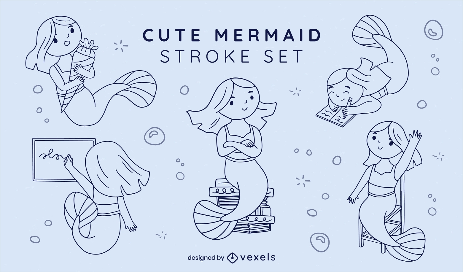 Adorable mermaid student stroke set