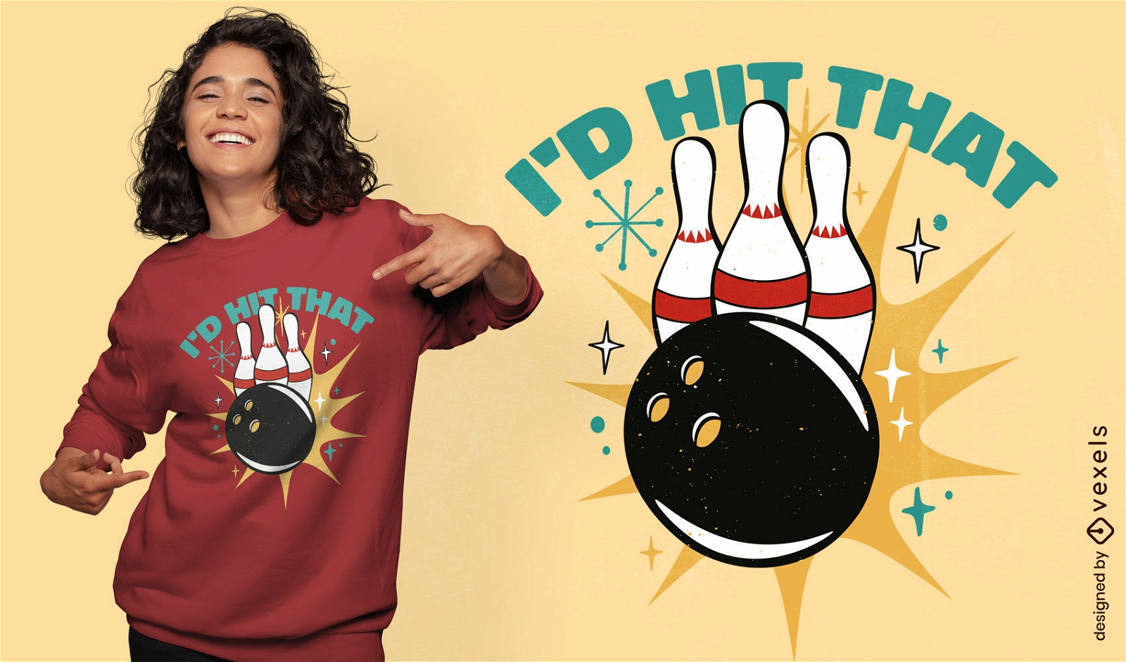Bowlingkugel und Pins Retro-T-Shirt-Design