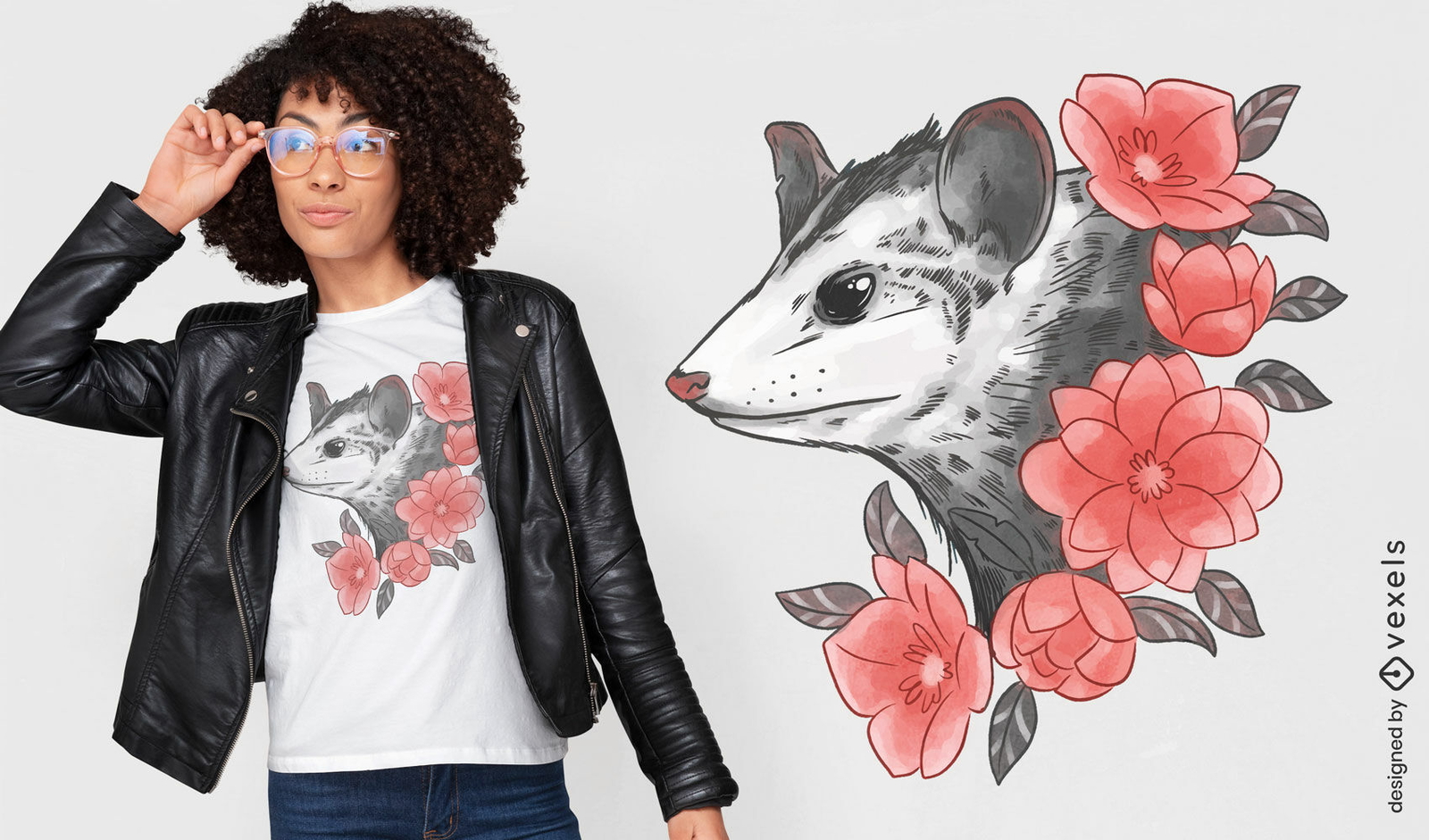 Zarigüeya con diseño de camiseta de acuarela de flores.