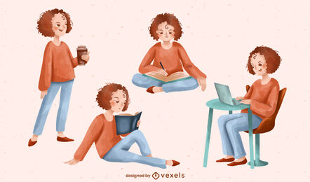 Watercolor woman with curly hair set