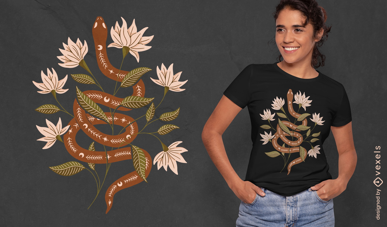 Diseño de camiseta de serpiente y flores Wicca.