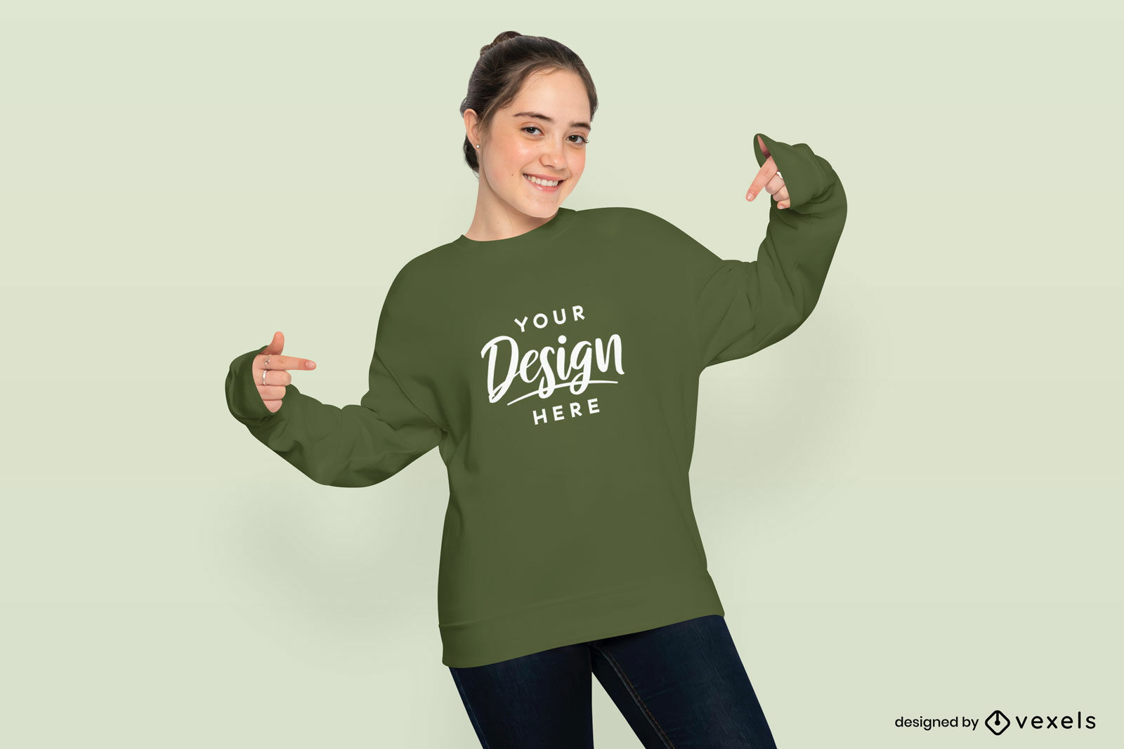 Teen girl pointing at sweatshirt mockup