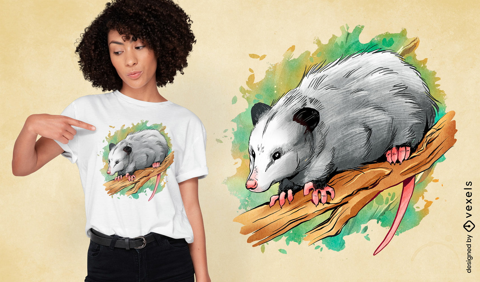 Design de camiseta de ilustração de gambá realista