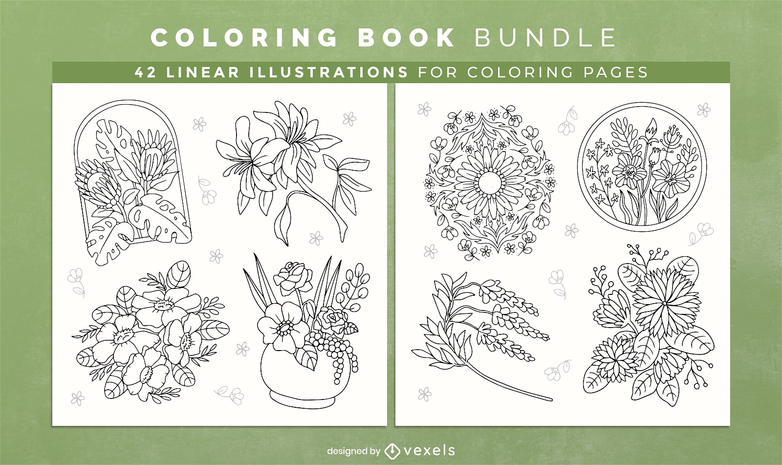 Buquês de flores páginas de design de livro para colorir