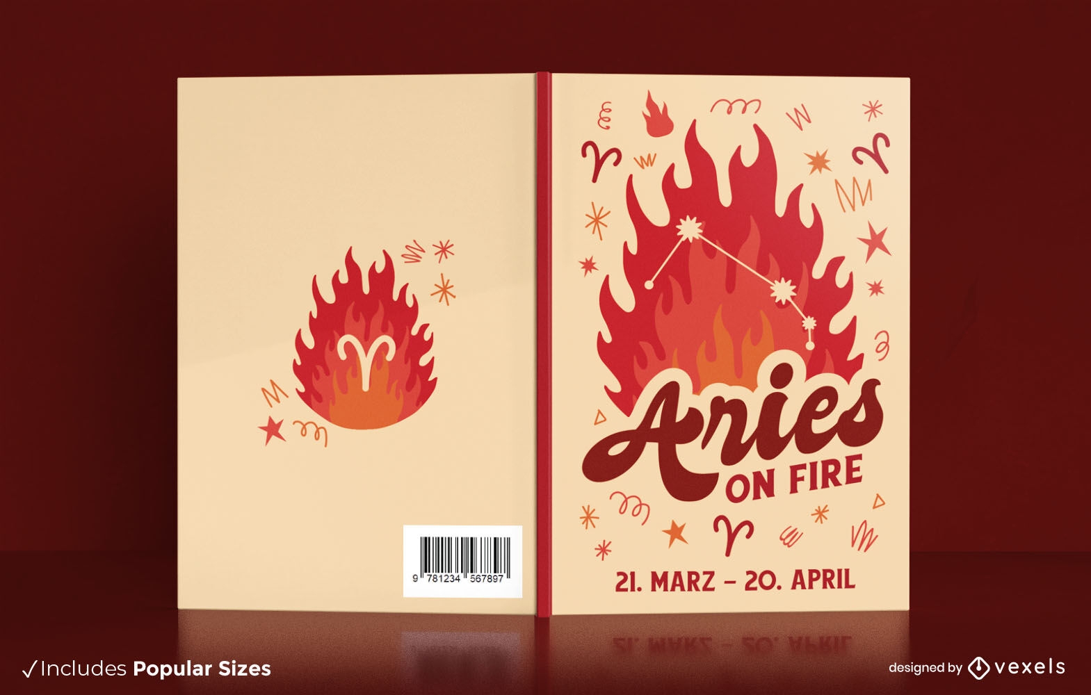 Aries zodiaco en diseño de portada de libro de fuego