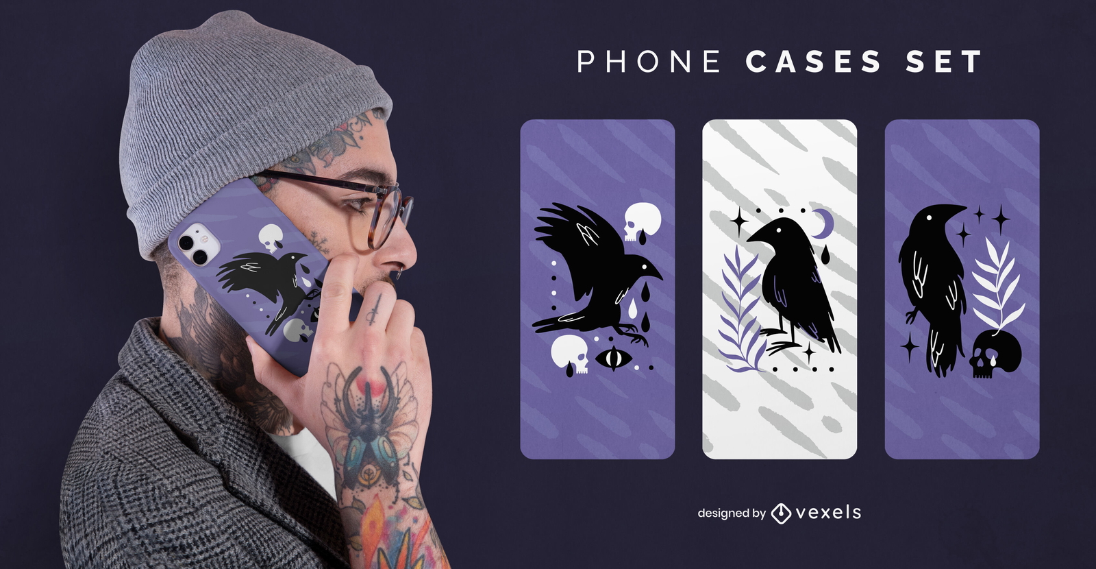 Conjunto de capas de telefone com bruxas de animais de pássaros corvo