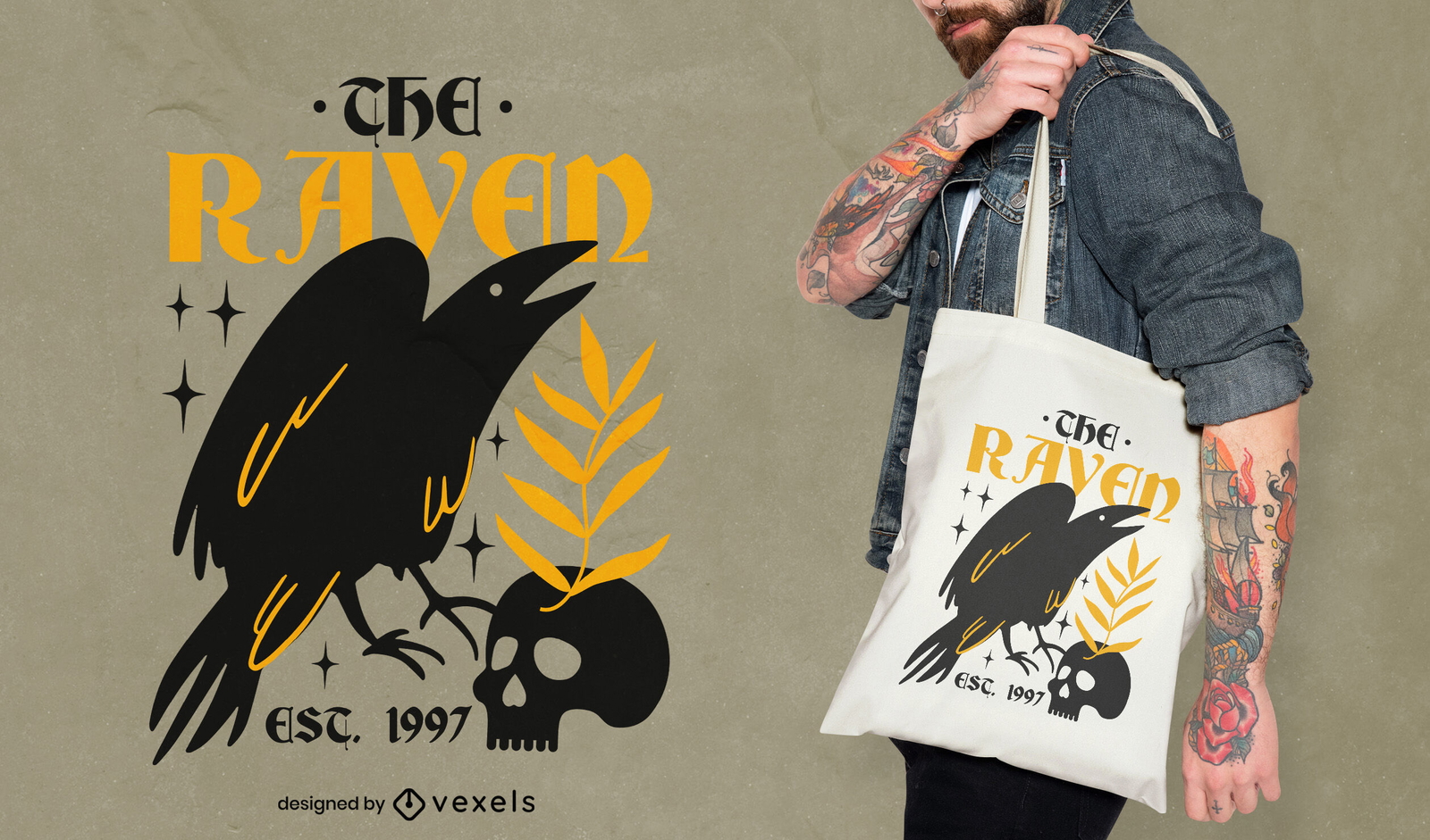 Diseño de tote bag de cuervo oscuro y calavera